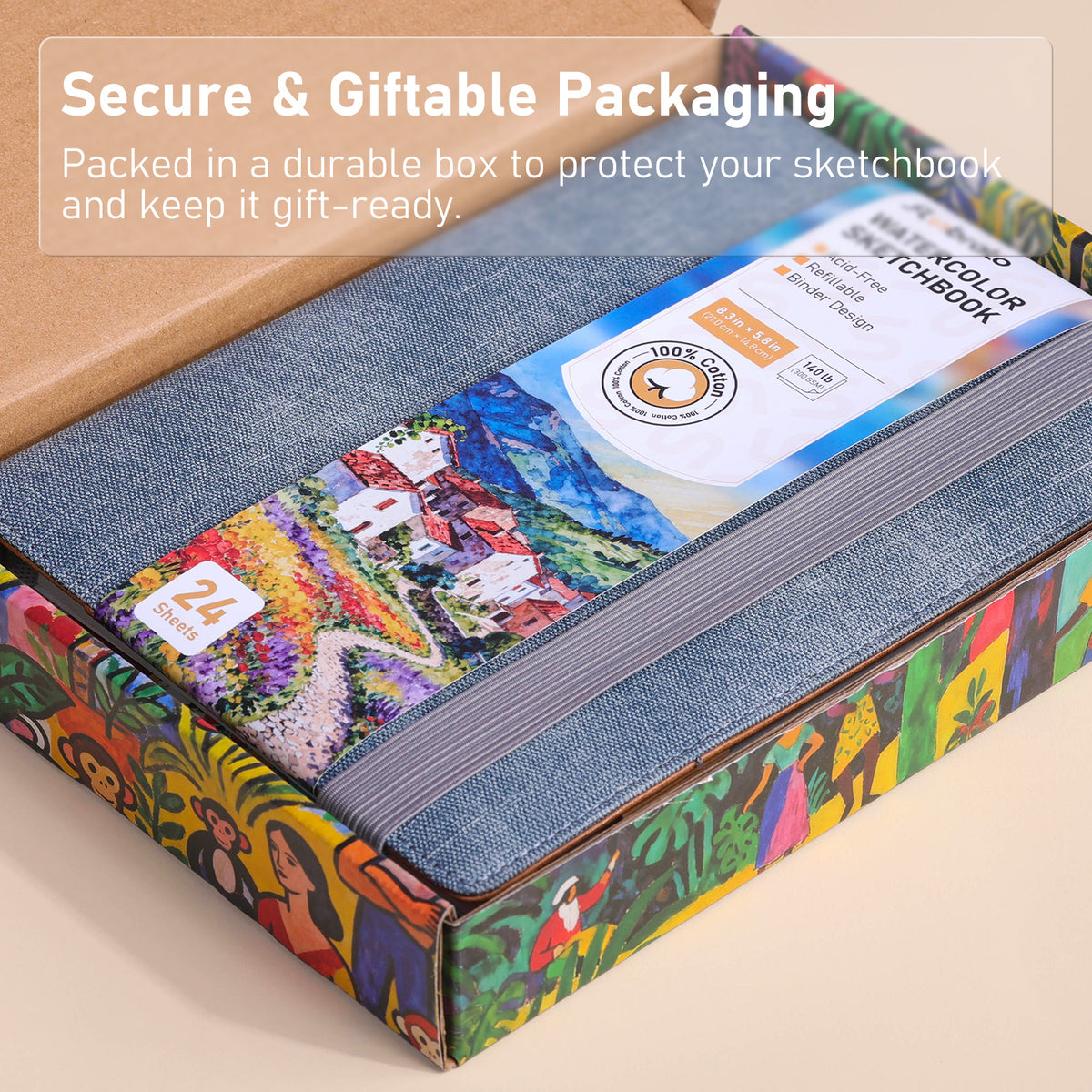 FLUNBRATO Watercolor Sketchbook A5 (8.3" x 5.8"), 24 Sheets 100% Cotton Hot Press 300GSM 140LB