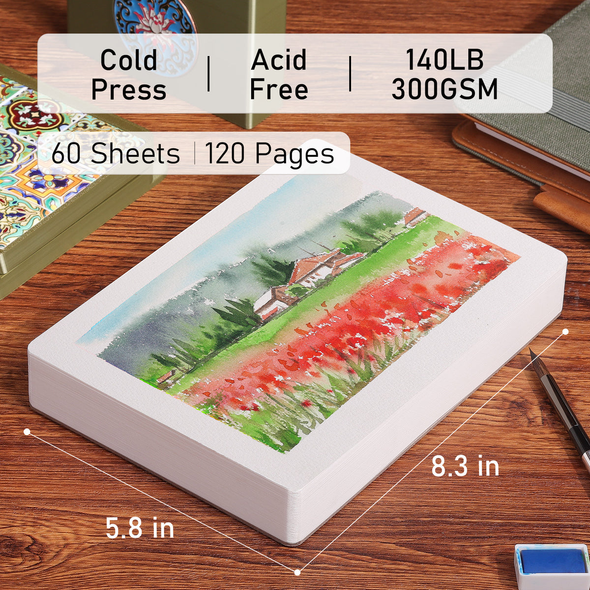 FLUNBRATO Watercolor Paper Pad, 60 Sheets, 8.3 x 5.8 in, 100% Cotton, 140LB/300GSM