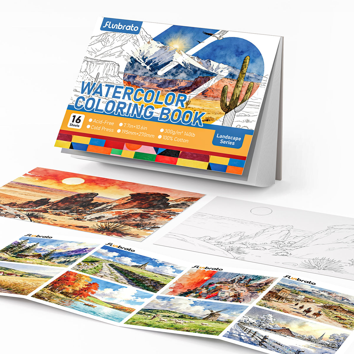 FLUNBRATO Watercolor Coloring Book ,16 Sheets 10.6 x 7.7 inch 100% Cotton Cold Press-Landscape