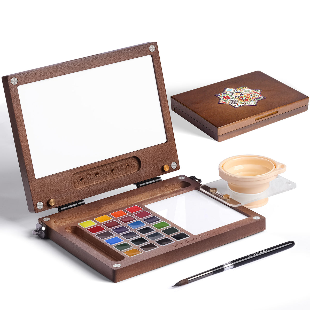 Portable Watercolor Paint Set, Solid Wood Palette Box with 24 Colors