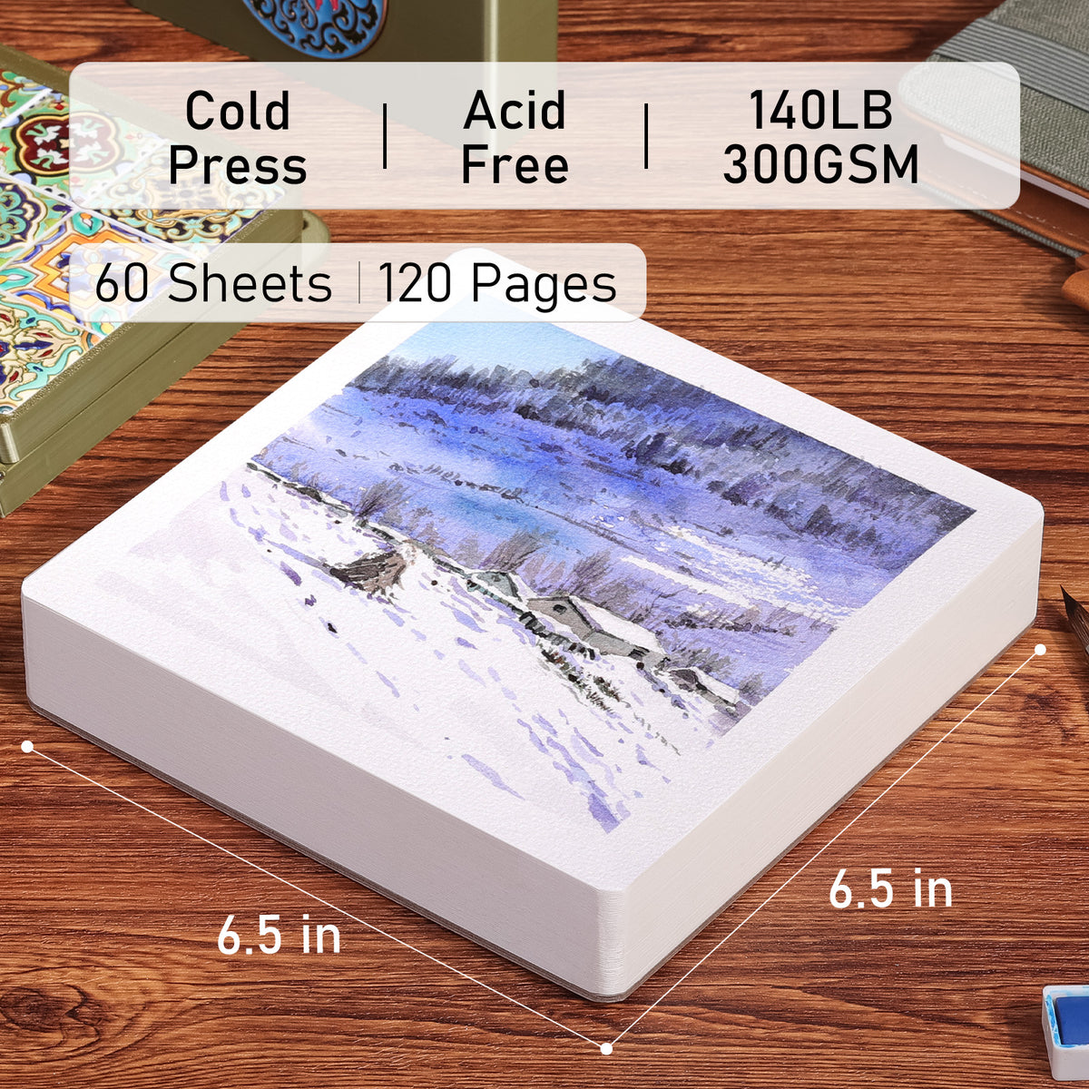 Flunbrato Watercolor Paper Pad, 60 Sheets, 6.5 x 6.5 in, Cold Press 100% Cotton, 140LB/300GSM