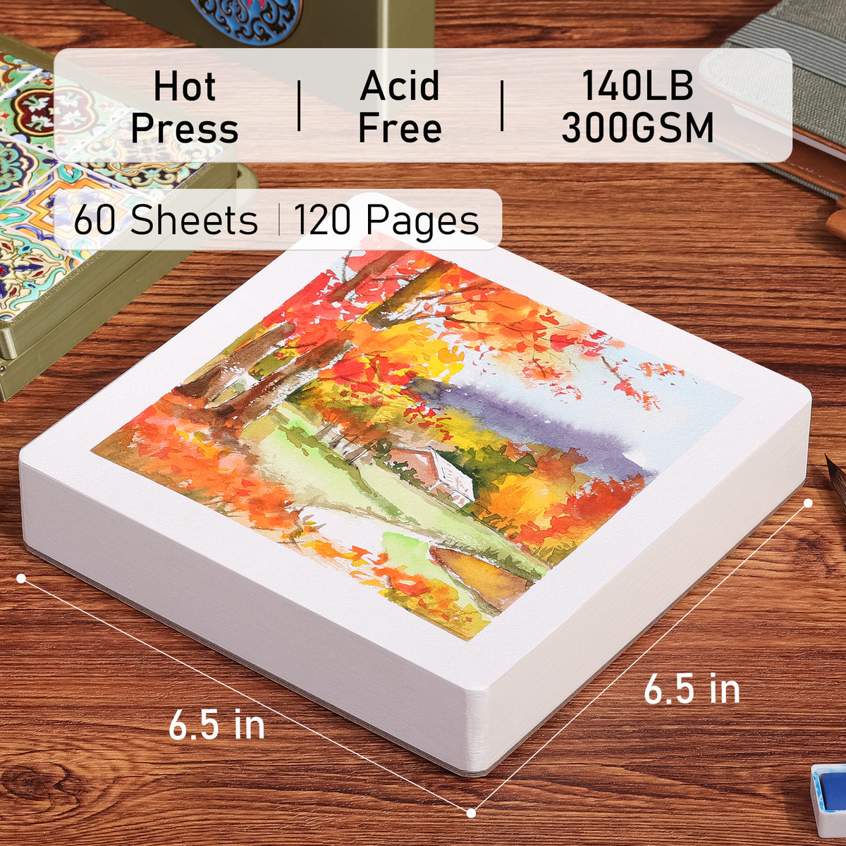 Flunbrato Watercolor Paper Pad, 60 Sheets, 6.5 x 6.5 in, Cold Press 100% Cotton, 140LB/300GSM