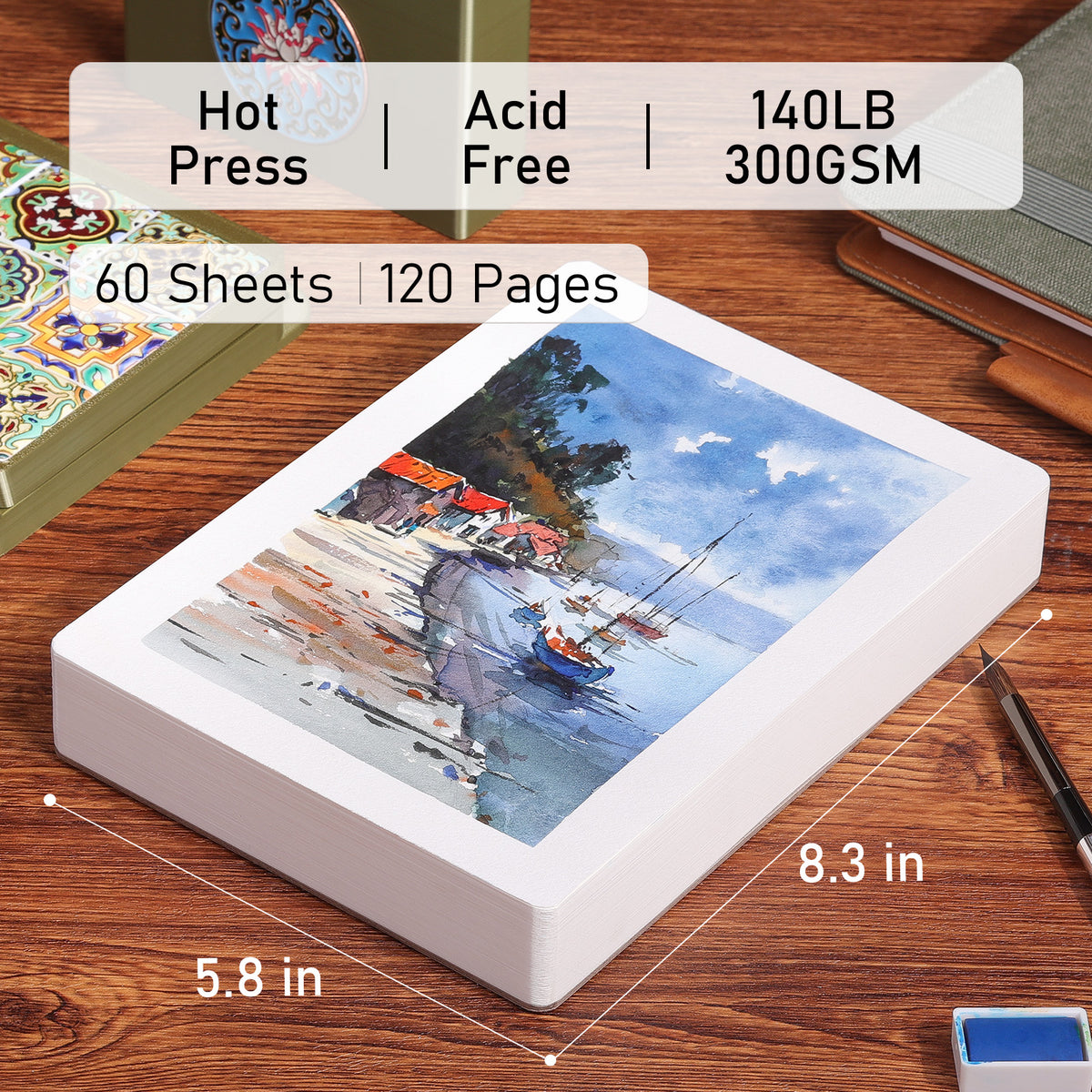 FLUNBRATO Watercolor Paper Pad, 60 Sheets, 8.3 x 5.8 in, 100% Cotton, 140LB/300GSM