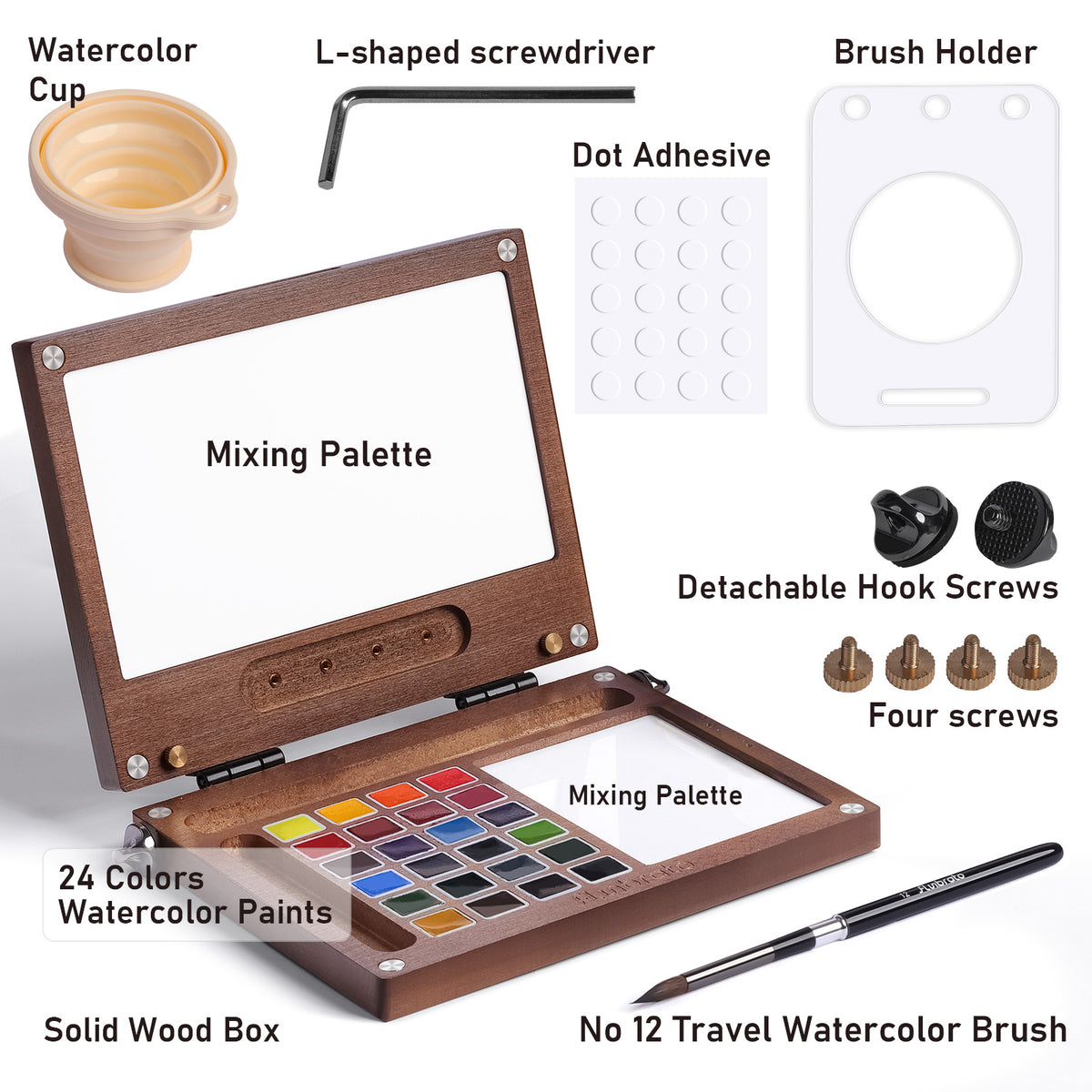 Portable Watercolor Paint Set, Solid Wood Palette Box with 24 Colors