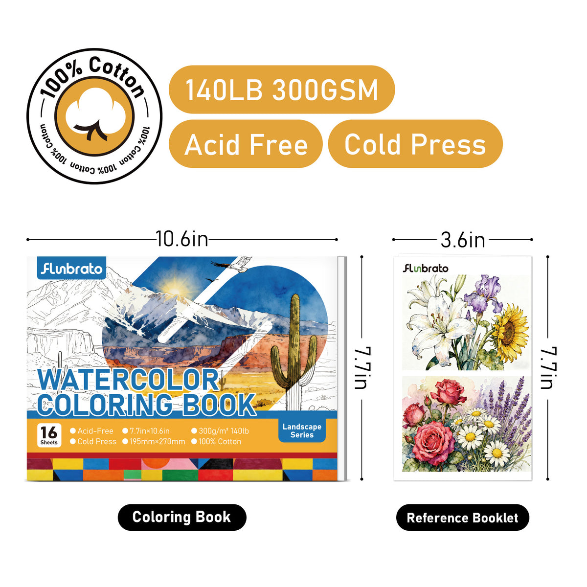 FLUNBRATO Watercolor Coloring Book ,16 Sheets 10.6 x 7.7 inch 100% Cotton Cold Press-Landscape