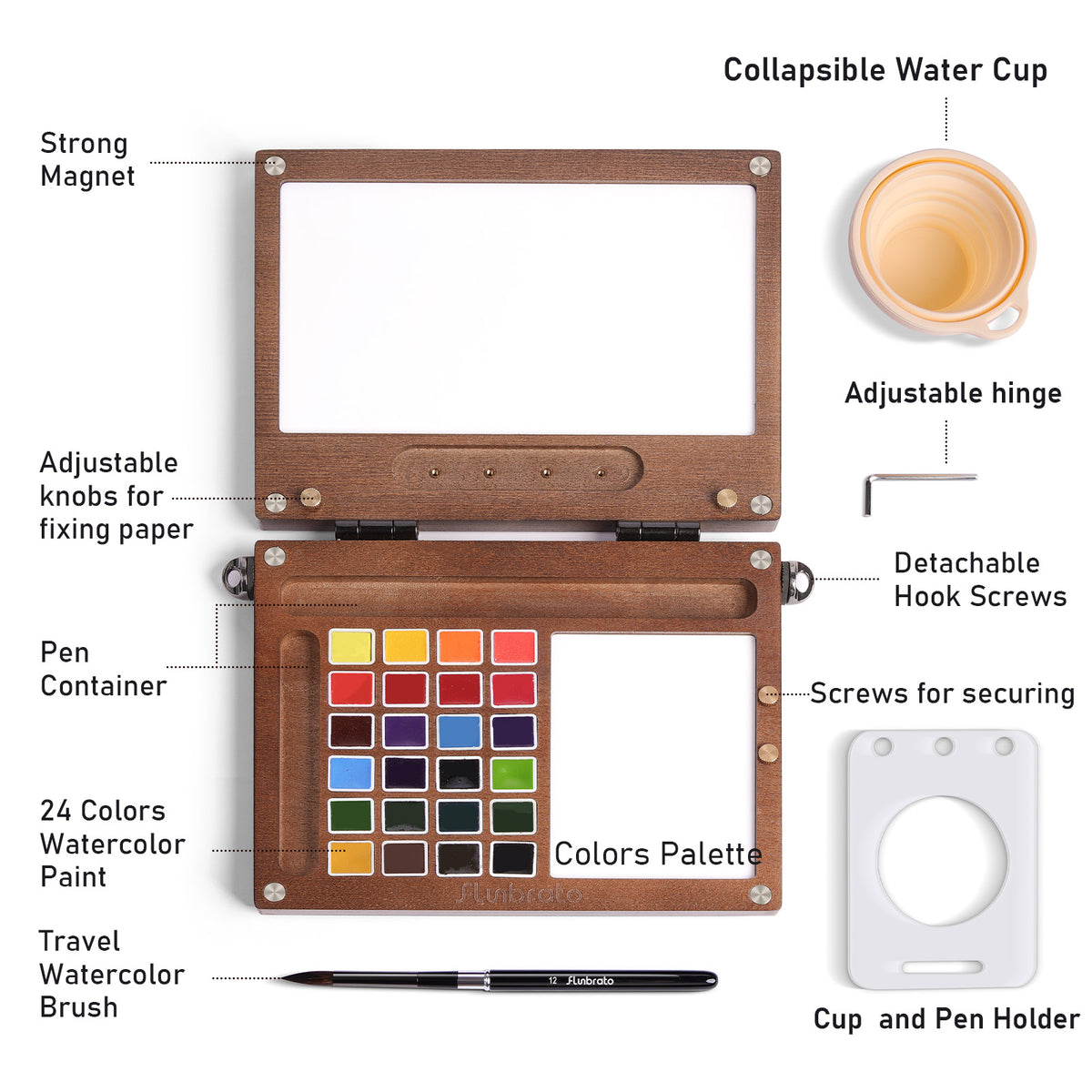 Portable Watercolor Paint Set, Solid Wood Palette Box with 24 Colors