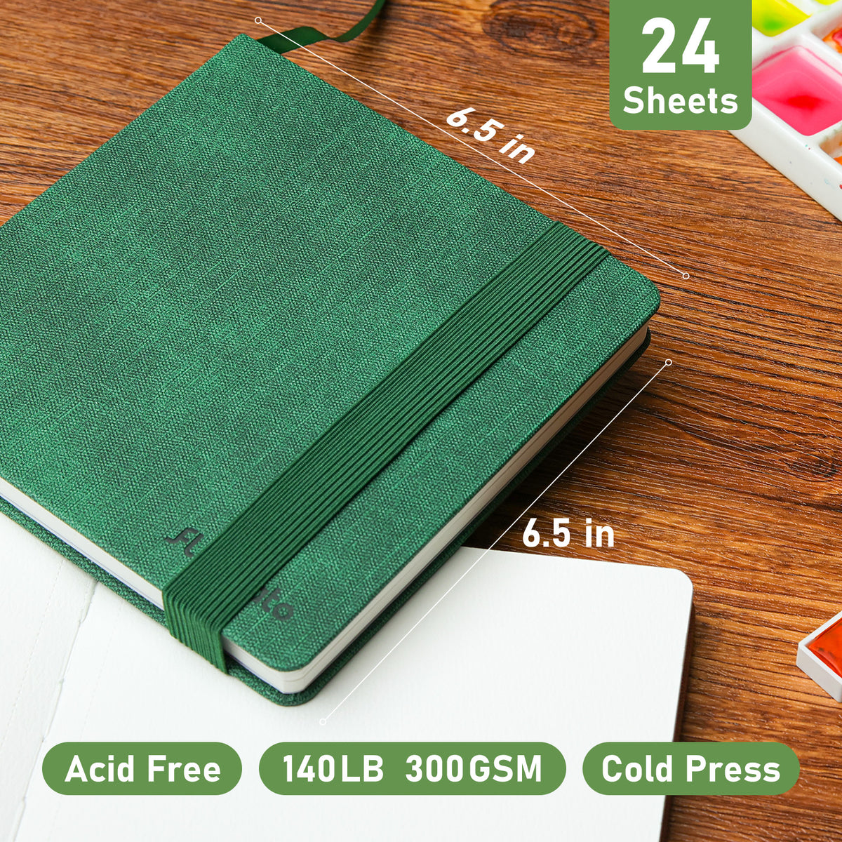 Watercolor Sketchbook 6.5" x 6.5" - 100% Cotton, 24 Sheets, Cold Press 140 lb / 300 GSM