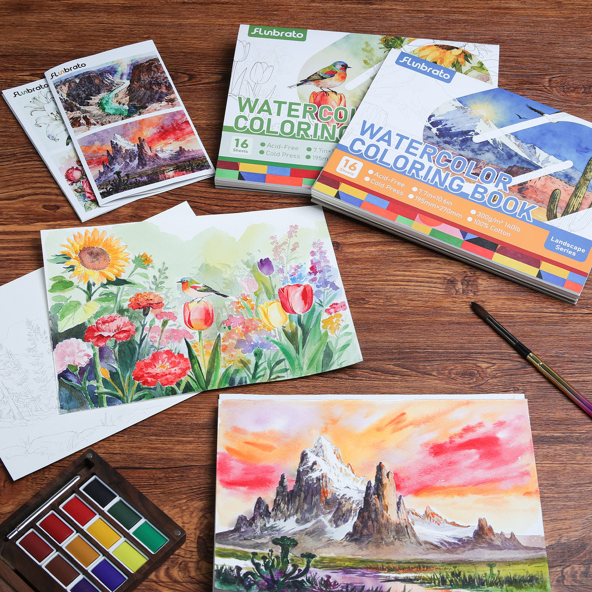 FLUNBRATO Watercolor Coloring Book ,16 Sheets 10.6 x 7.7 inch 100% Cotton Cold Press-Flower