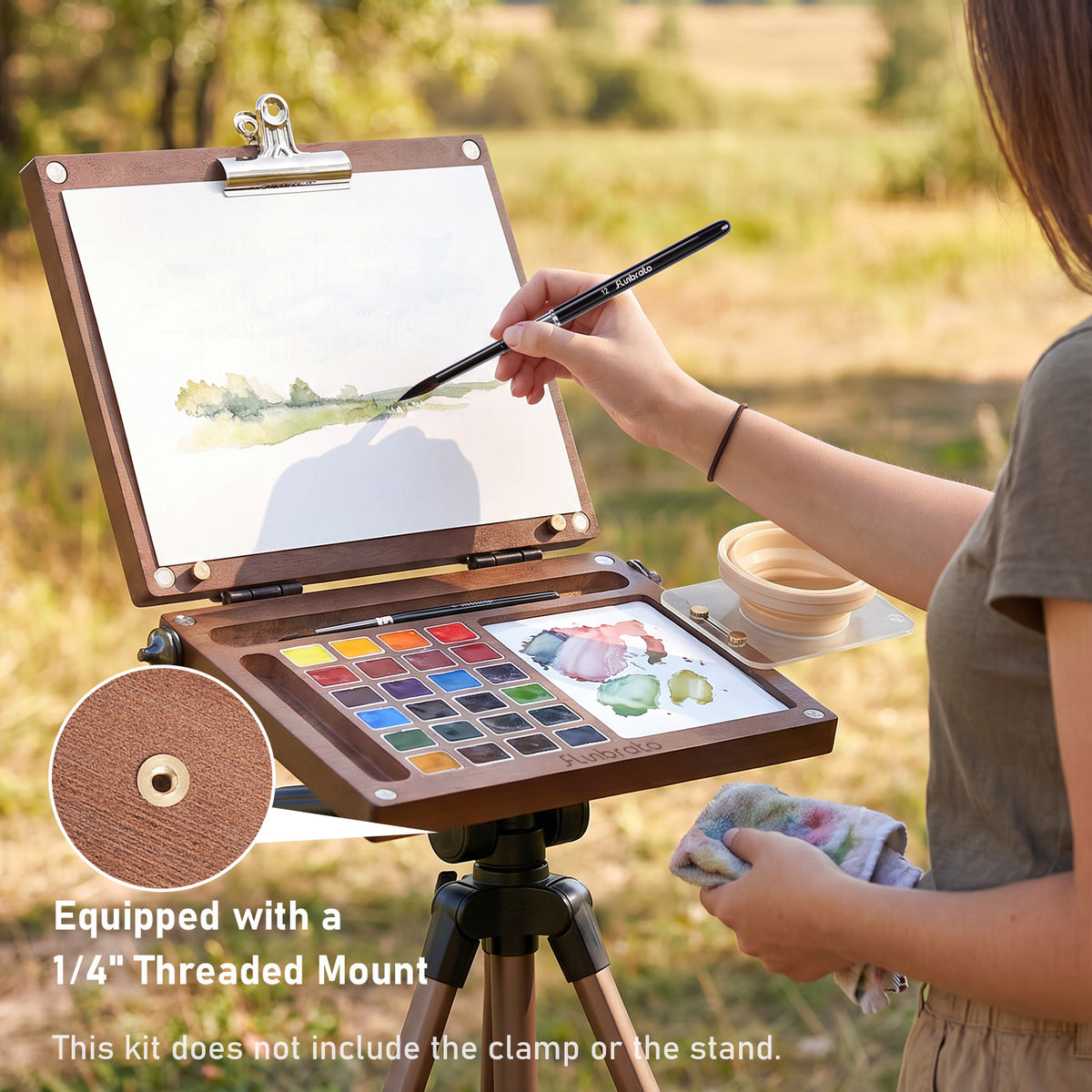 Portable Watercolor Paint Set, Solid Wood Palette Box with 24 Colors
