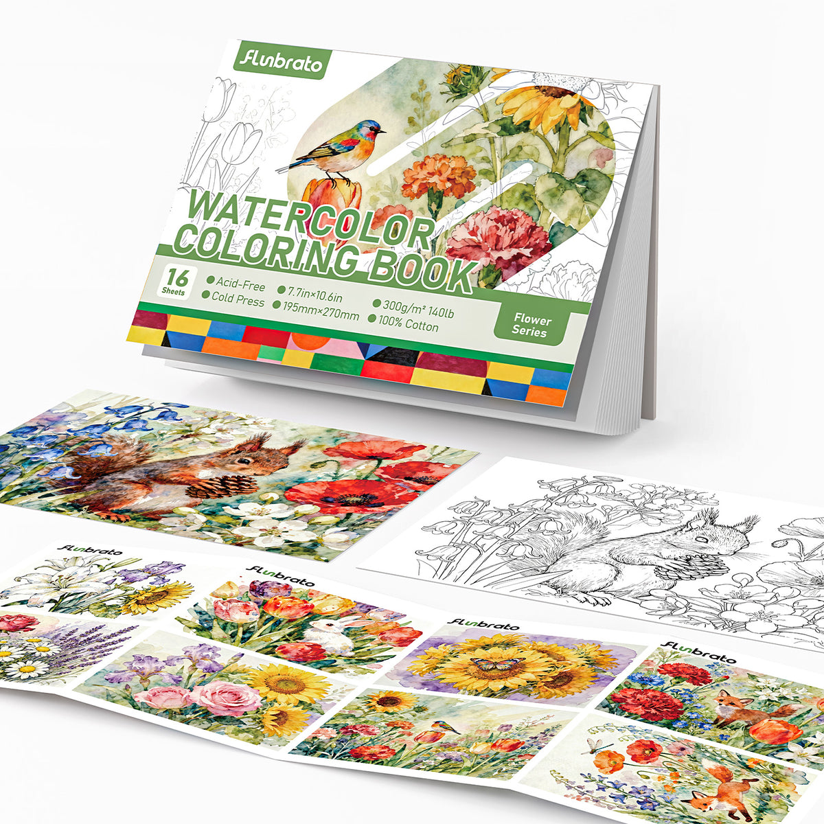 FLUNBRATO Watercolor Coloring Book ,16 Sheets 10.6 x 7.7 inch 100% Cotton Cold Press-Flower